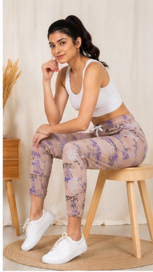 Women Beige Printed Joggers – Trendy Slim Fit Casual Lounge & Streetwear Pants