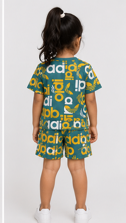 Teal Graphic Typography Kids Co-Ord Set – Bold Logo Style T-Shirt & Shorts for Girls
