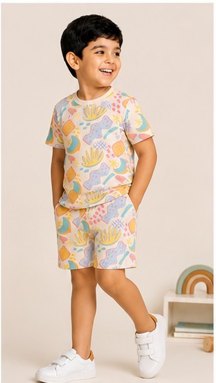 Pastel Abstract Print Kids Co-Ord Set | Soft Cotton Summer Outfit for Boys & Girls