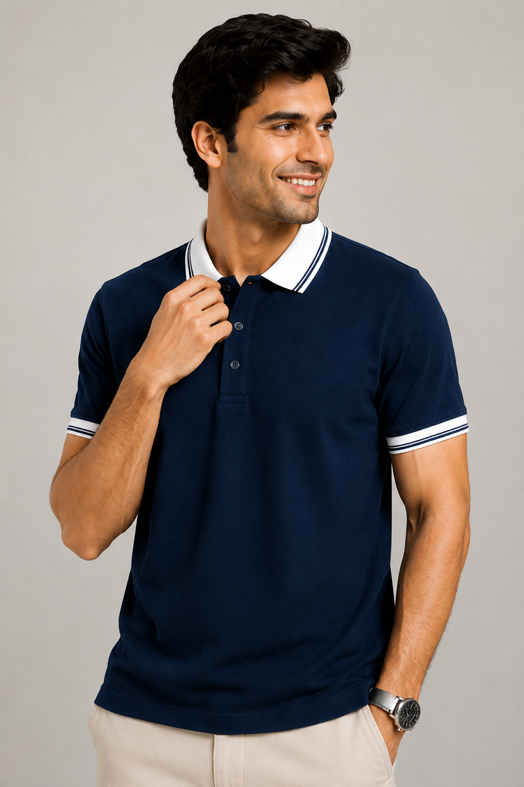 Men’s Premium Navy Blue Polo T-Shirt with White Contrast Collar & Sleeve Stripes