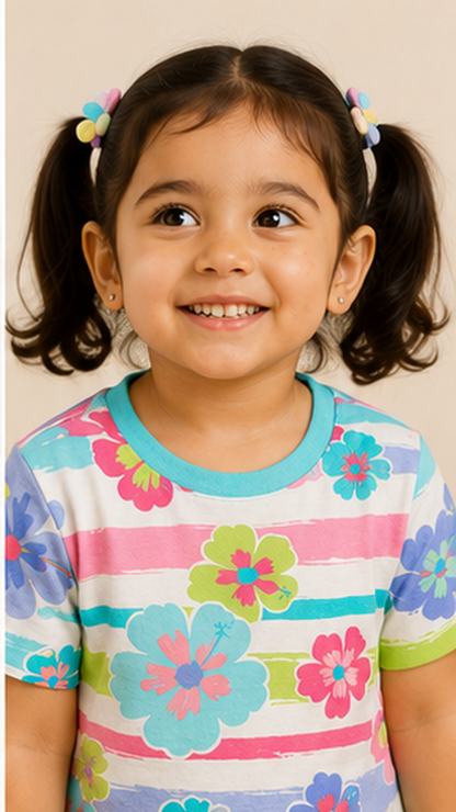 Floral Stripe Kids Co-Ord Set – Multicolor Flower Printed T-Shirt & Shorts for Girls