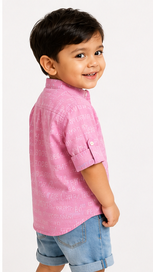 Boys Pink Typography Print Mandarin Collar Shirt (Full Sleeve)