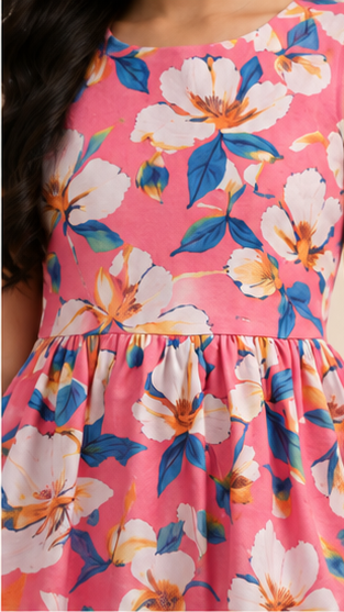 Girls Coral Pink Floral Print Fit & Flare Dress (Sleeveless)