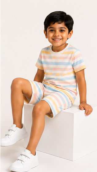 Pastel Stripe Kids Co-Ord Set – Soft Cotton T-Shirt & Shorts Summer Outfit for Boys & Girls