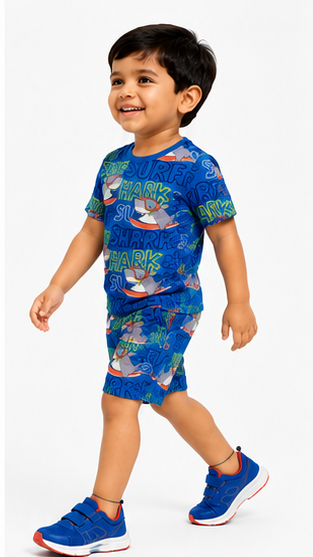 Boys Surf Shark Printed Co-ord Set – Beach Style Cotton T-Shirt & Shorts Set