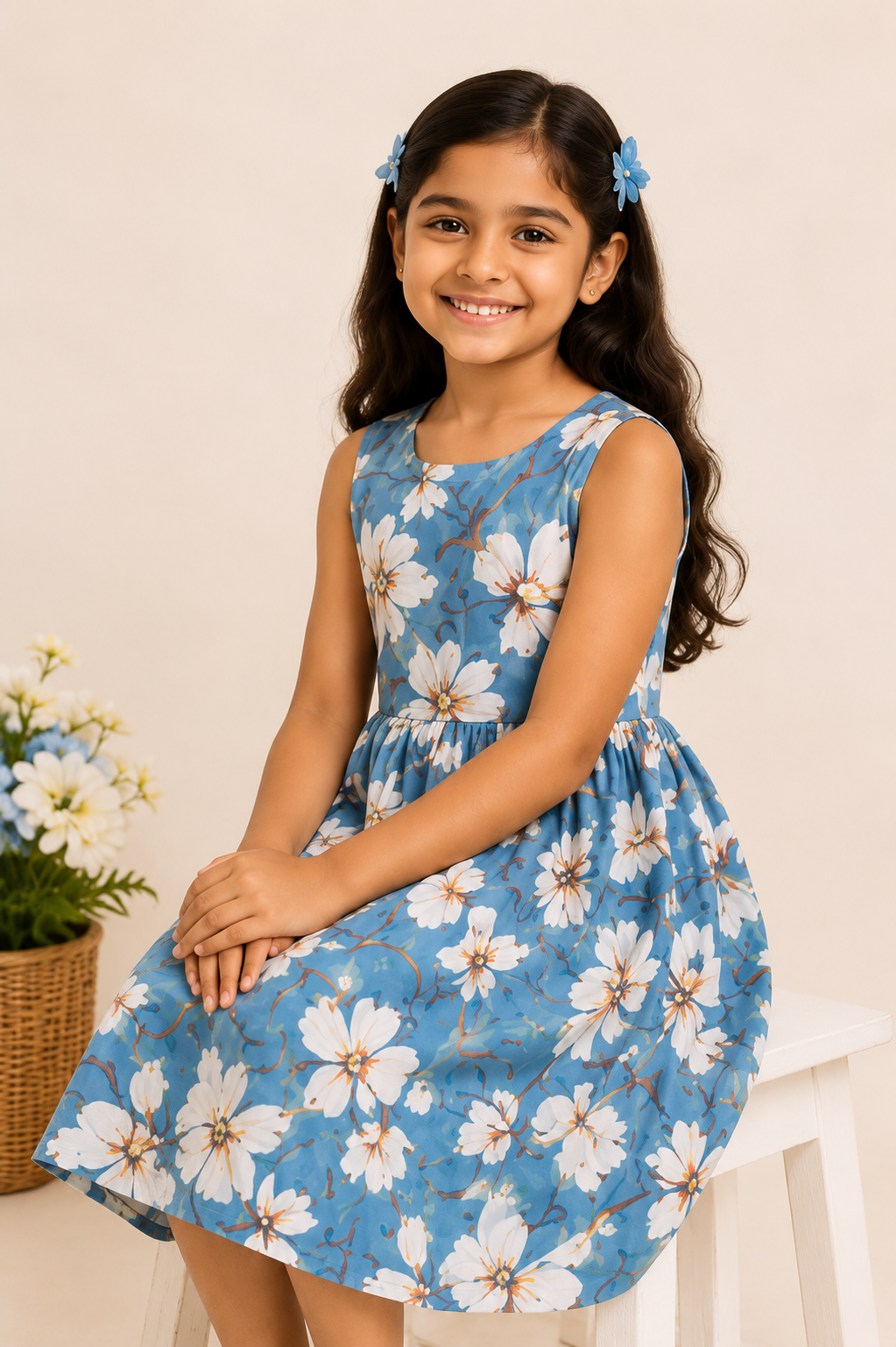 Girls Dusty Blue Floral Print Fit & Flare Dress (Sleeveless)