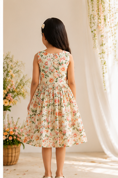 Girls Cream Floral Print Fit & Flare Dress (Sleeveless)