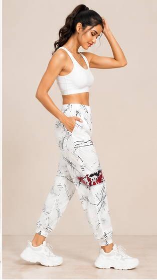 Women White Abstract Printed Joggers – Stylish Casual Lounge & Streetwear Pants