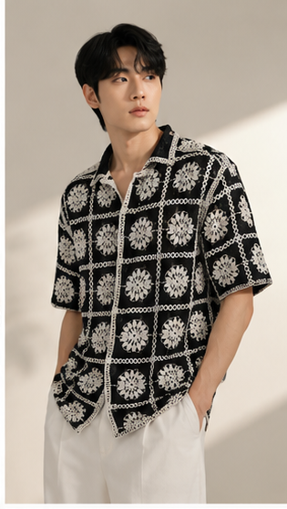 Men's Black & White Crochet Floral Grid Shirt – Premium Handmade Knit Resort Wear Shirt