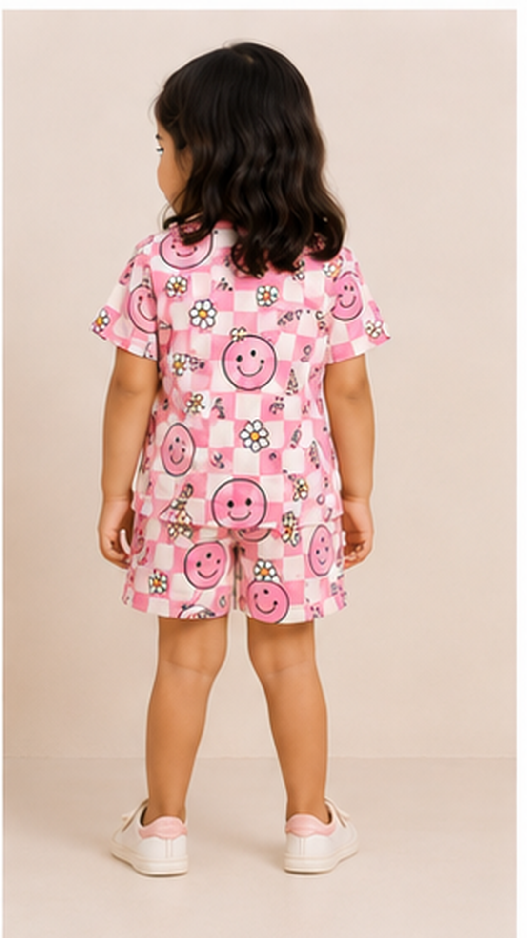 Pink Smiley Checkered Kids Co-Ord Set – Cute Daisy Print T-Shirt & Shorts for Girls