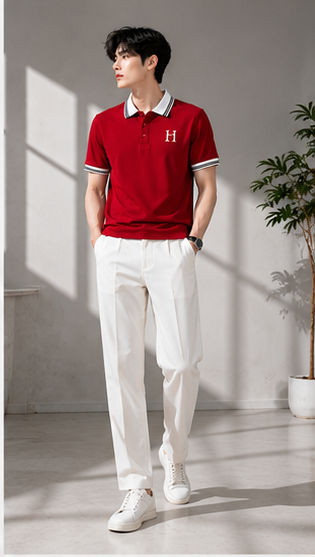 Men's Premium Red Polo T-Shirt with White Contrast Collar | Smart Casual Half Sleeve Polo Tee