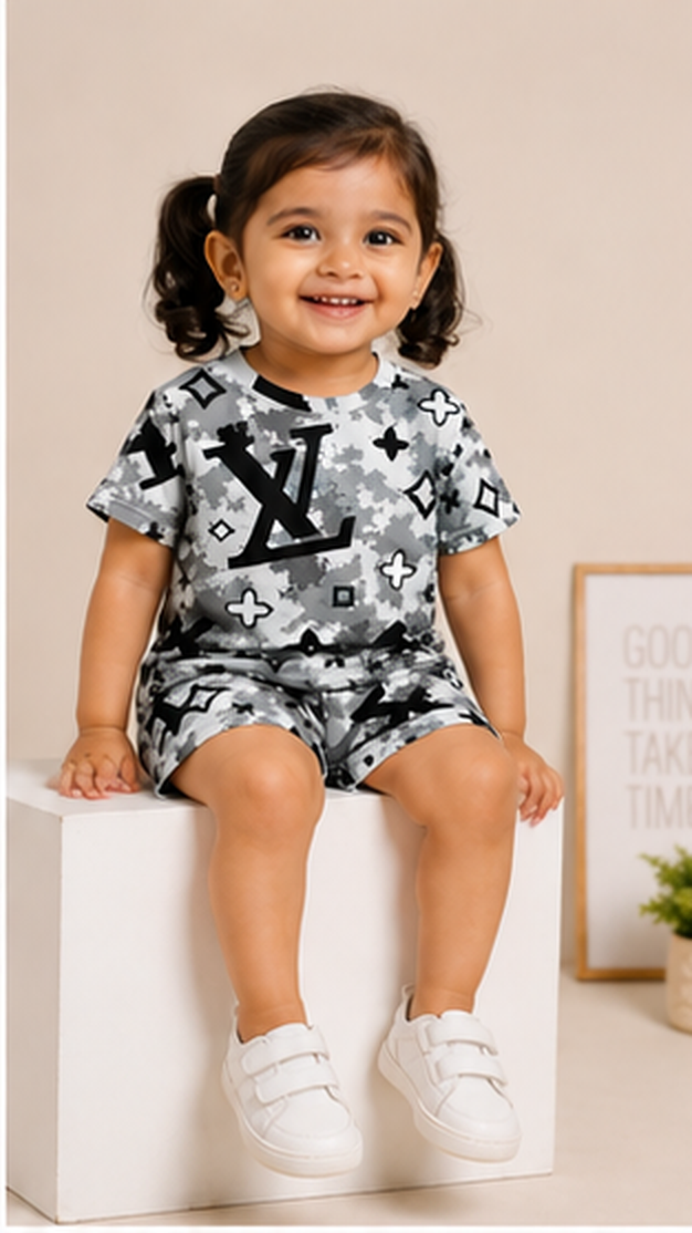Grey Monogram Style Kids Co-Ord Set – Abstract Luxury Print T-Shirt & Shorts for Kids