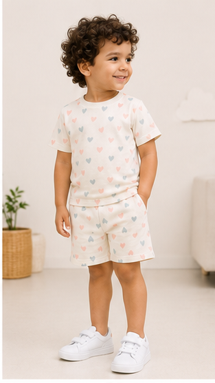 Pastel Heart Print Kids Co-Ord Set – Soft Cotton T-Shirt & Shorts Summer Outfit for Boys & Girls