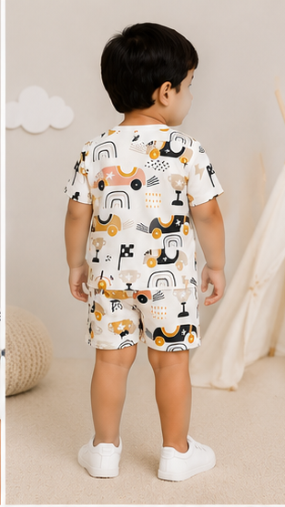Kids Racing Car Print Co-ord Set | Trendy Car Graphic T-Shirt & Shorts Summer Outfit for Boys