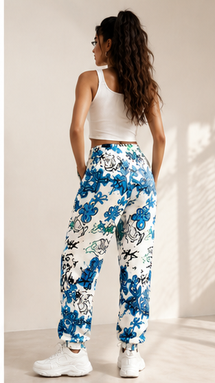Women White Graffiti Printed Joggers – Stylish Casual Lounge & Streetwear Pants