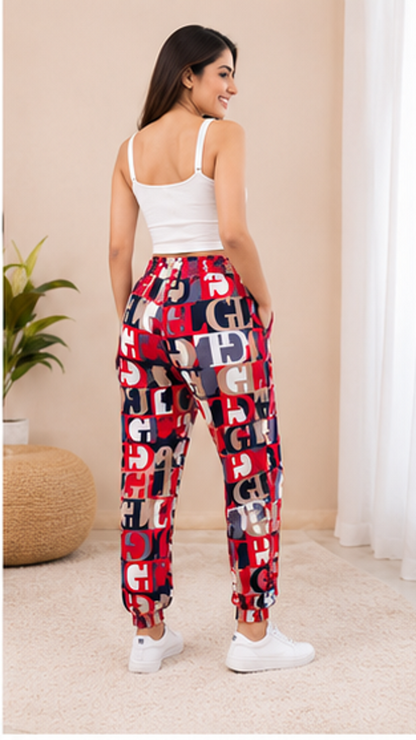 Women Red Printed Joggers – Stylish Typography Casual Lounge & Streetwear Pants