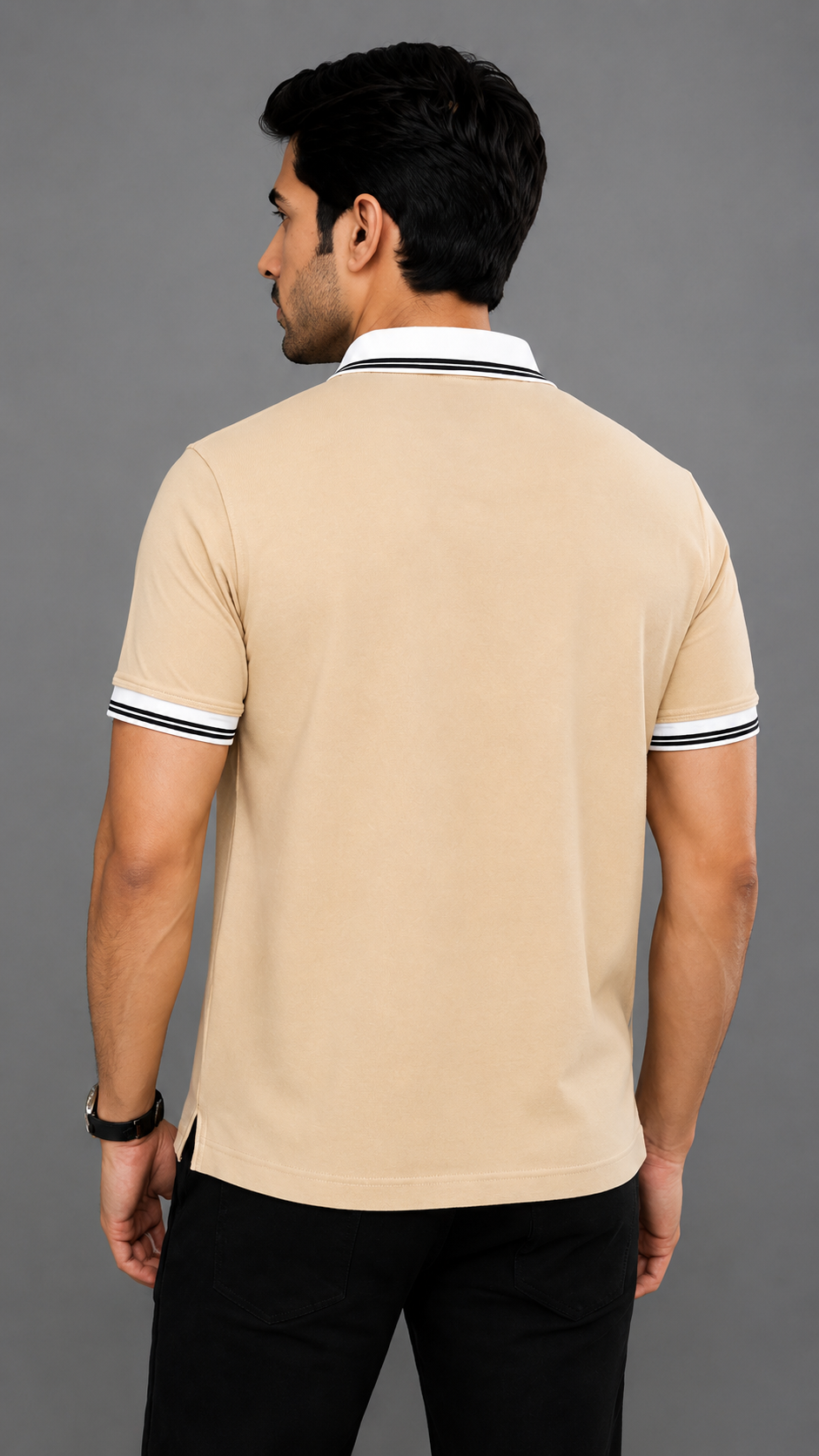 Men’s Premium Beige Polo T-Shirt with White Contrast Collar & Sleeve Stripes