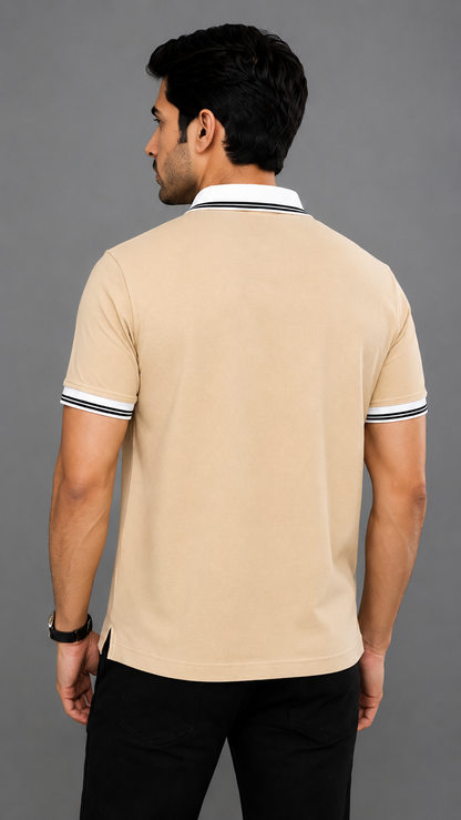 Men’s Premium Beige Polo T-Shirt with White Contrast Collar & Sleeve Stripes