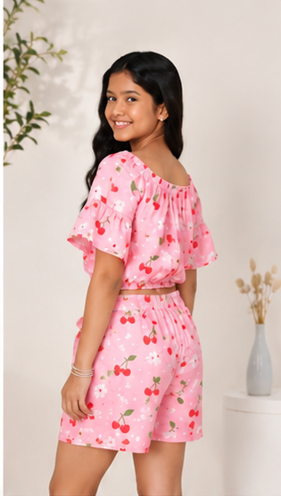 Girls Pink Cherry Print Off-Shoulder Co-ord Set with Tie-Up Shorts