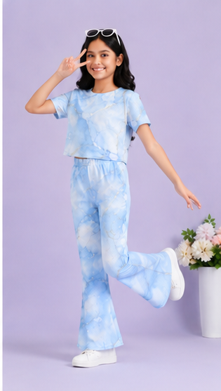 Girls Sky Blue Marble Co-Ord Set | Kids Crop Top & Bell Bottom Pants Outfit | Trendy Western Wear for Girls