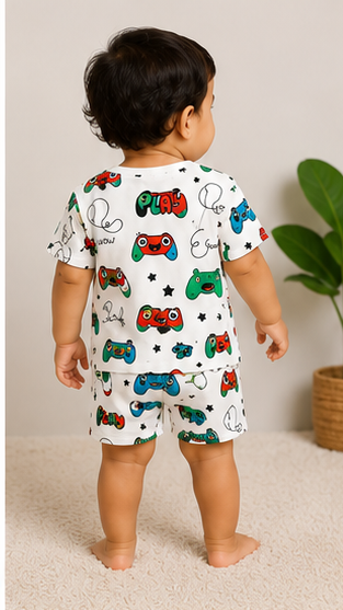 Kids Gaming Print Co-ord Set | Cartoon Game Controller T-Shirt & Shorts Summer Outfit for Boys