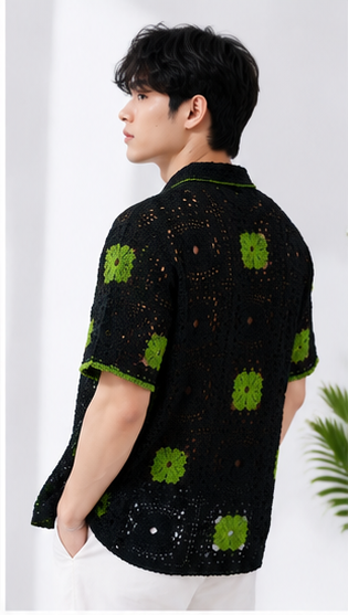 Men's Black & Olive Green Crochet Granny Square Shirt – Premium Handmade Resort Wear Knit Shirt
