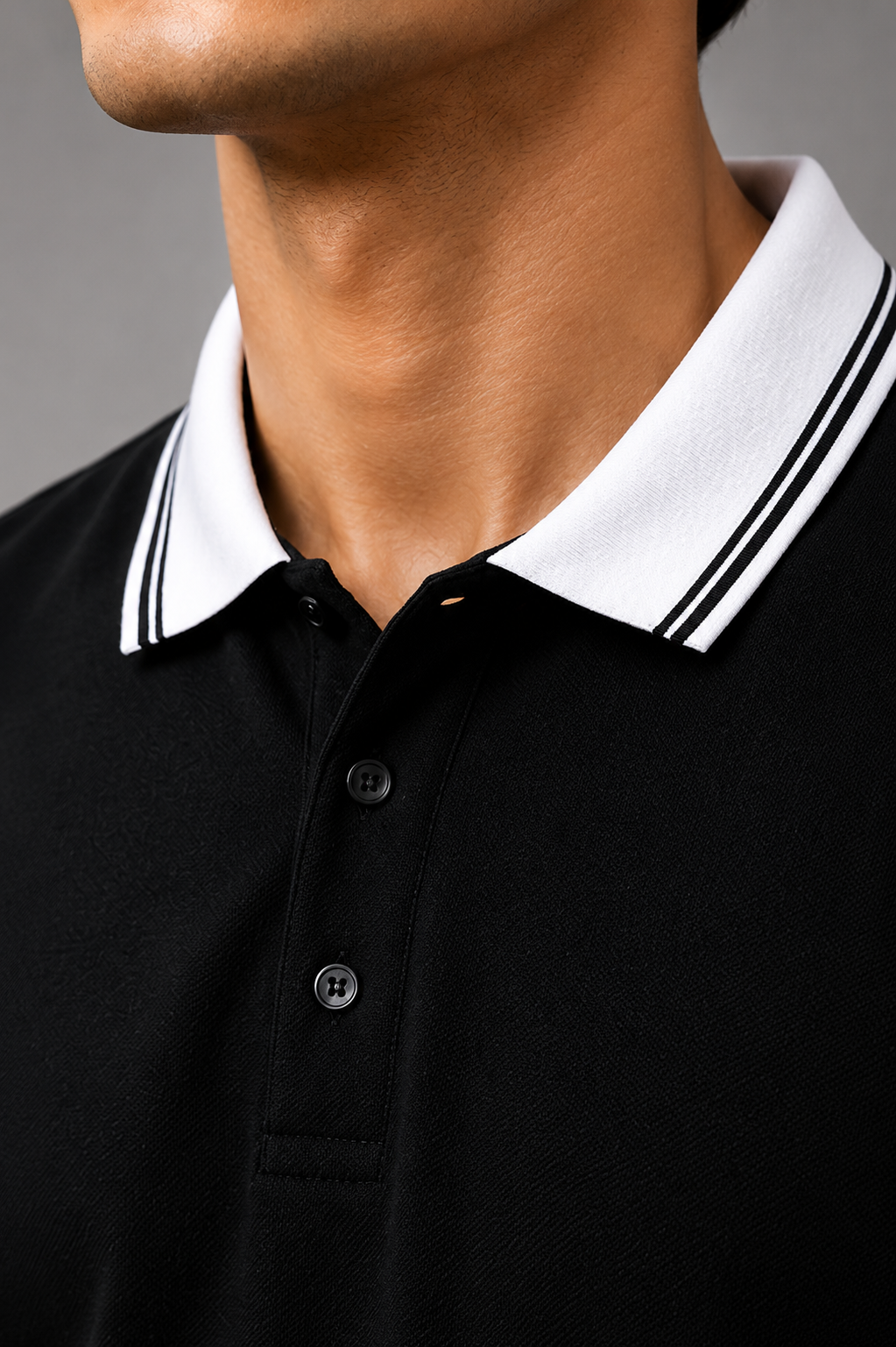 Men’s Premium Black Polo T-Shirt with White Contrast Collar & Sleeve Stripes