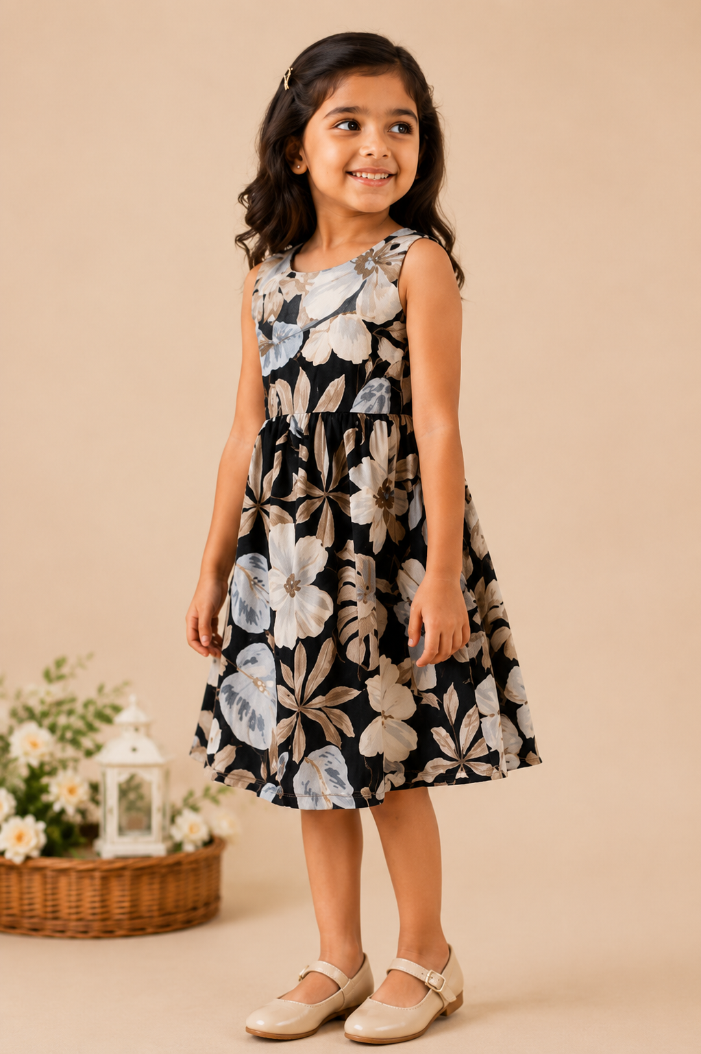 Girls Navy Blue & White Floral Print Fit & Flare Dress (Sleeveless)