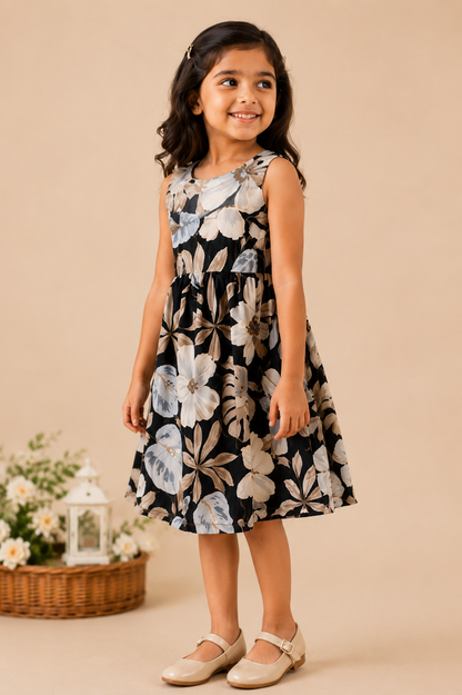 Girls Navy Blue & White Floral Print Fit & Flare Dress (Sleeveless)