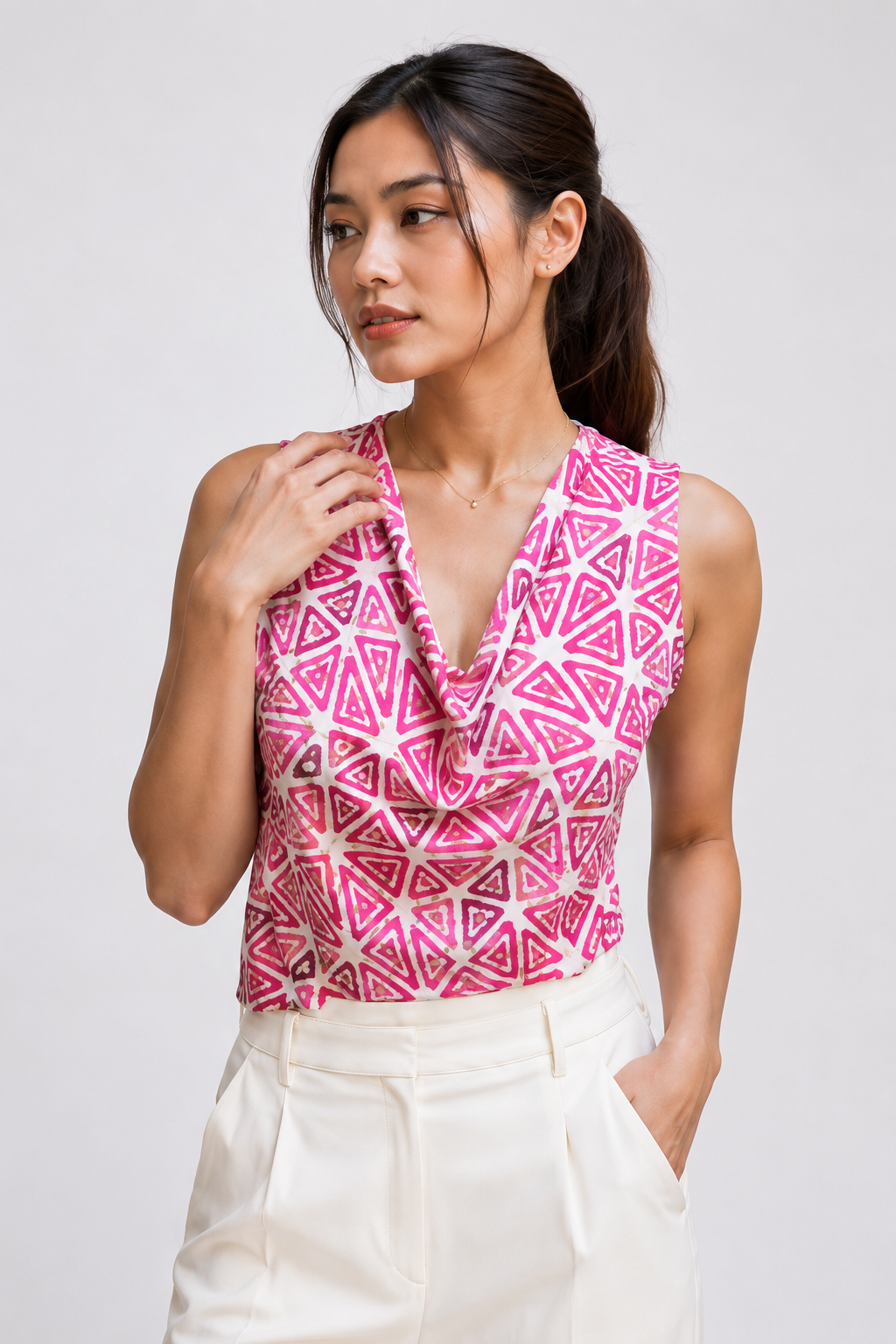 Horcun Women's Pink Geometric Print Cowl Neck Top | Stylish Sleeveless Top