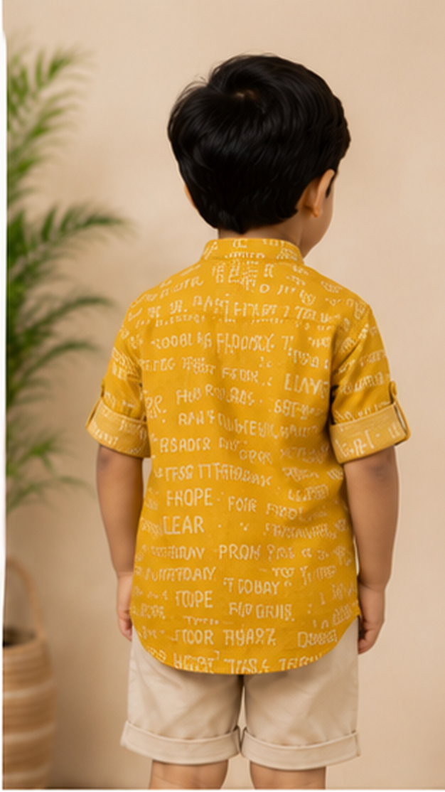 Boys Mustard Yellow Typography Print Mandarin Collar Shirt (Full Sleeve)
