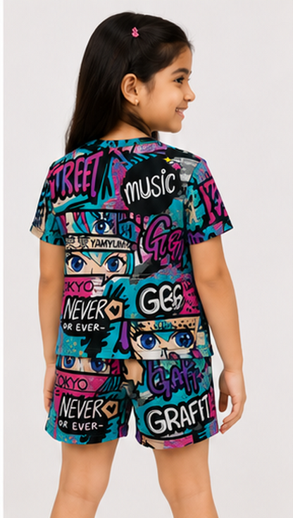 Urban Street Graffiti Print Kids Co-Ord Set – Trendy Graphic T-Shirt & Shorts for Girls