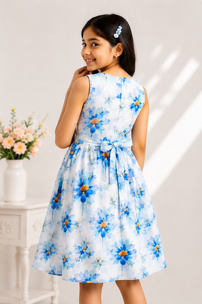 Girls Sky Blue Floral Print Fit & Flare Dress (Sleeveless)