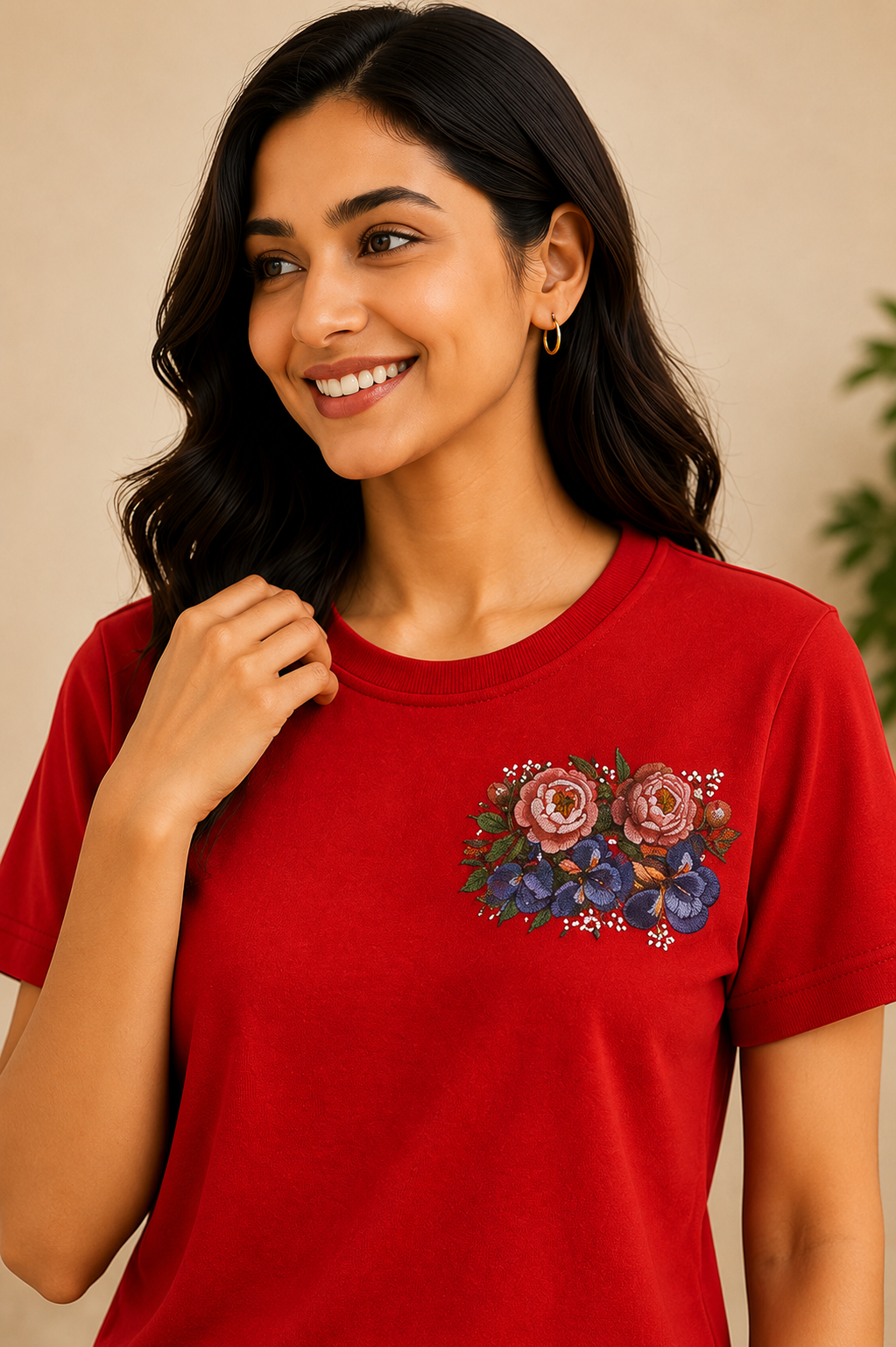 Women’s Red Floral Embroidered Co-Ord Set – Casual T-Shirt & Shorts Lounge Wear