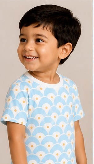 Sky Blue Scallop Print Kids Co-Ord Set | Soft Cotton Summer Outfit for Boys & Girls