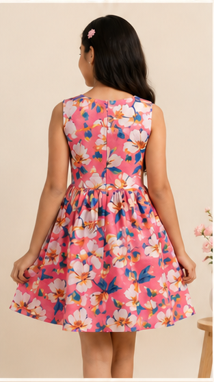 Girls Coral Pink Floral Print Fit & Flare Dress (Sleeveless)
