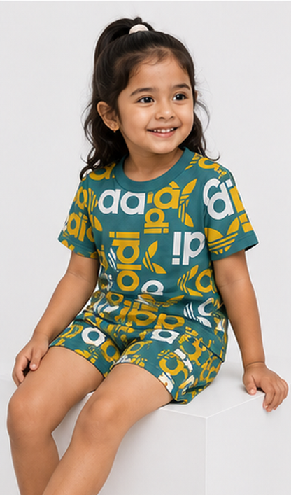 Teal Graphic Typography Kids Co-Ord Set – Bold Logo Style T-Shirt & Shorts for Girls