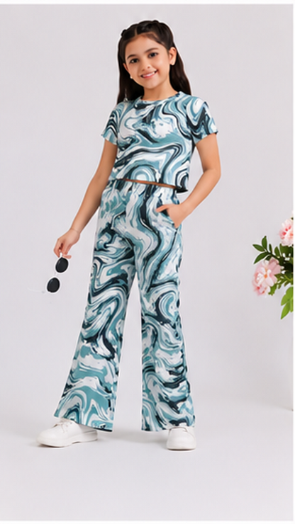 Girls Blue Marble Co-Ord Set | Kids Crop Top & Bell Bottom Pants Outfit | Trendy Western Wear for Girls