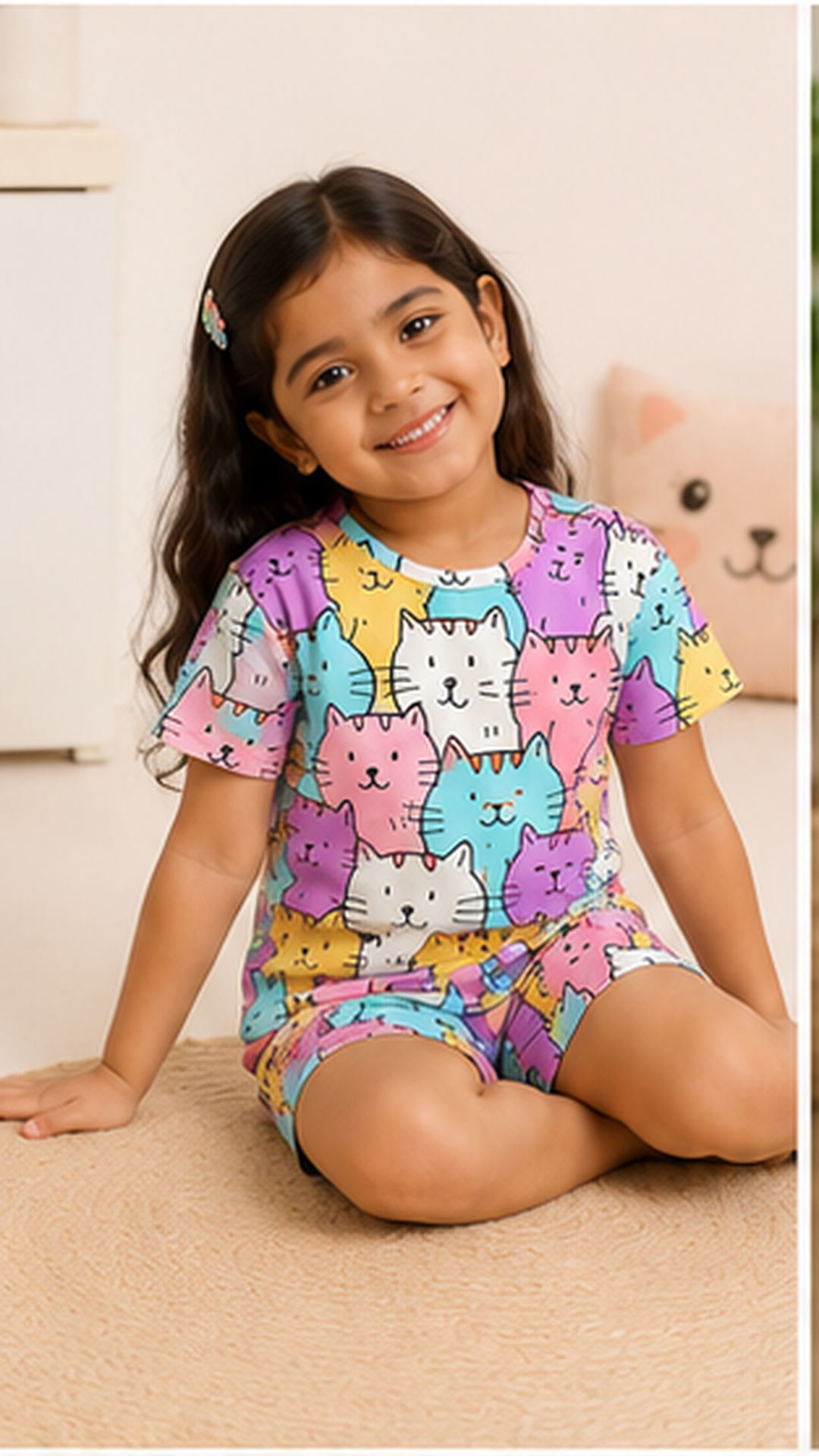 Cute Cat Print Kids Co-Ord Set – Multicolor Cartoon Kitty Cotton T-Shirt & Shorts