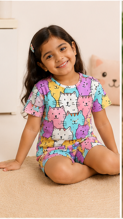 Cute Cat Print Kids Co-Ord Set – Multicolor Cartoon Kitty Cotton T-Shirt & Shorts