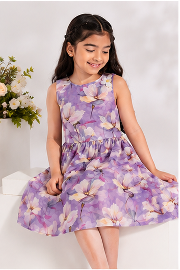 Girls Lavender Floral Print Fit & Flare Dress (Sleeveless)