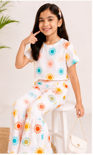 Girls Summer Sun Print Co-Ord Set | Kids Crop Top & Bell Bottom Pants Outfit | Trendy Casual Wear for Girls