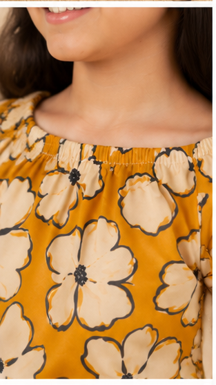 Girls Mustard Floral Off-Shoulder Co-ord Set with Tie-Up Shorts