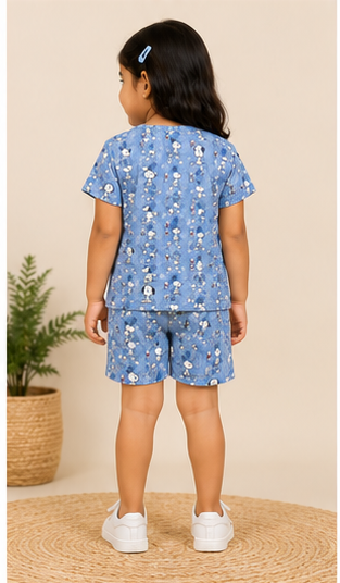 Blue Cartoon Dog Kids Co-Ord Set – Cute Character Print T-Shirt & Shorts for Girls