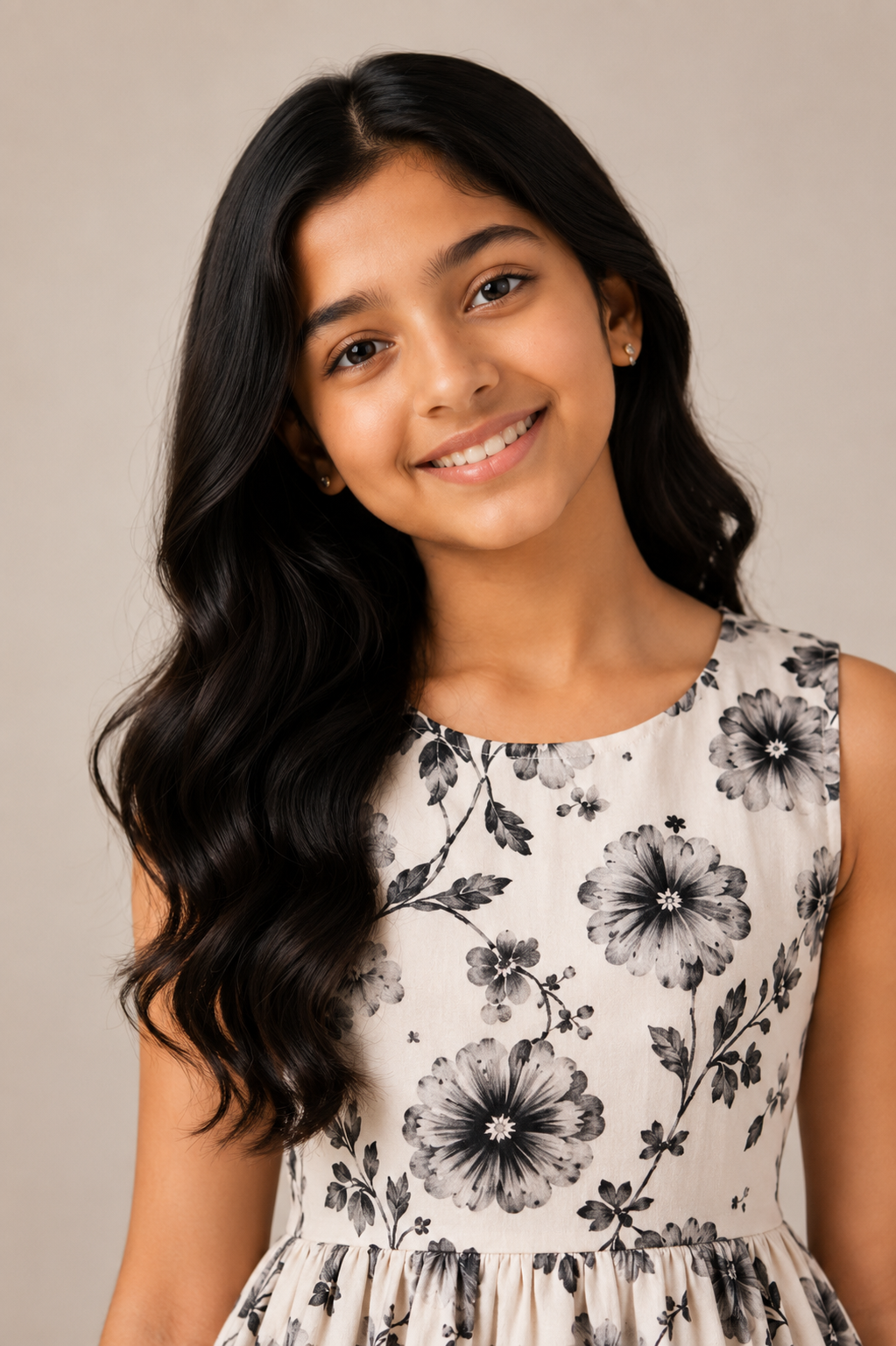 Girls Black & White Floral Print Fit & Flare Dress (Sleeveless)