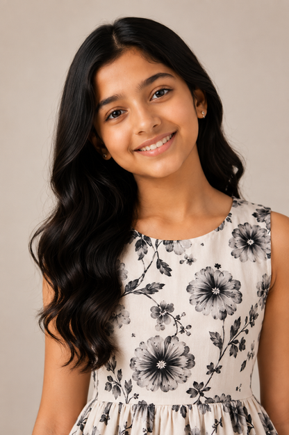 Girls Black & White Floral Print Fit & Flare Dress (Sleeveless)