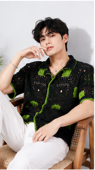 Men's Black & Olive Green Crochet Granny Square Shirt – Premium Handmade Resort Wear Knit Shirt