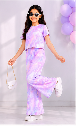 Girls Tie Dye Co-Ord Set | Kids Crop Top & Flared Pants Outfit | Trendy Western Wear for Girls