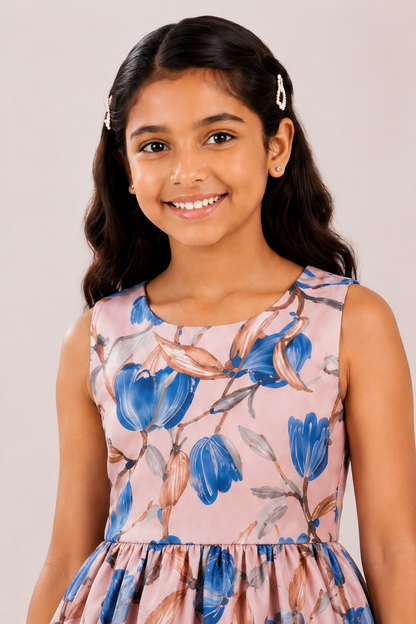 Girls Blush Pink & Blue Floral Print Fit & Flare Dress (Sleeveless)