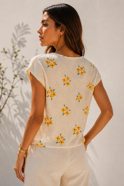 Horcun Women's Ivory Floral Textured V-Neck Top | Elegant Casual Wear
